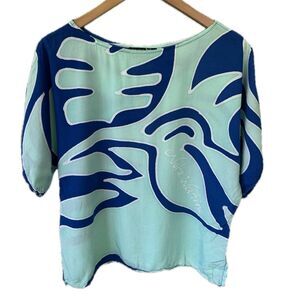 Nahe Wahine Hawaiian Watercolor Batik Mint Blue Flowy Cold Shoulder Blouse XS